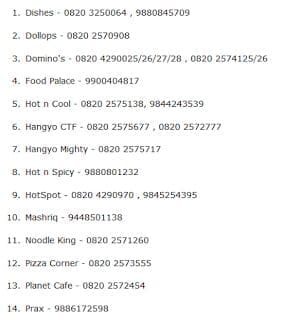Phone numbers in Manipal Eateries 1