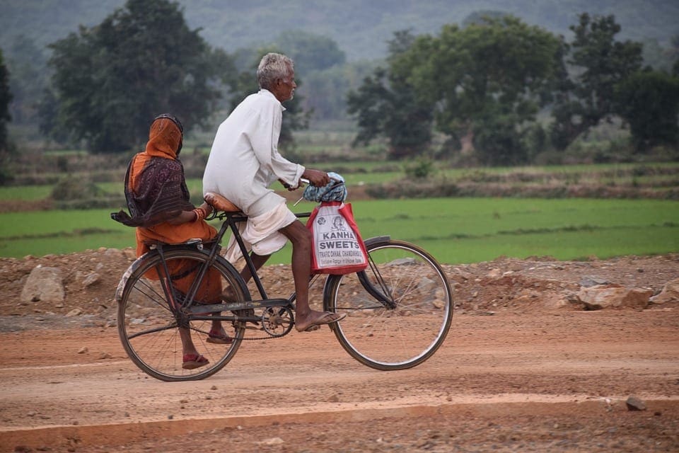 Couple Travel Old Couple Village Road Bicycle