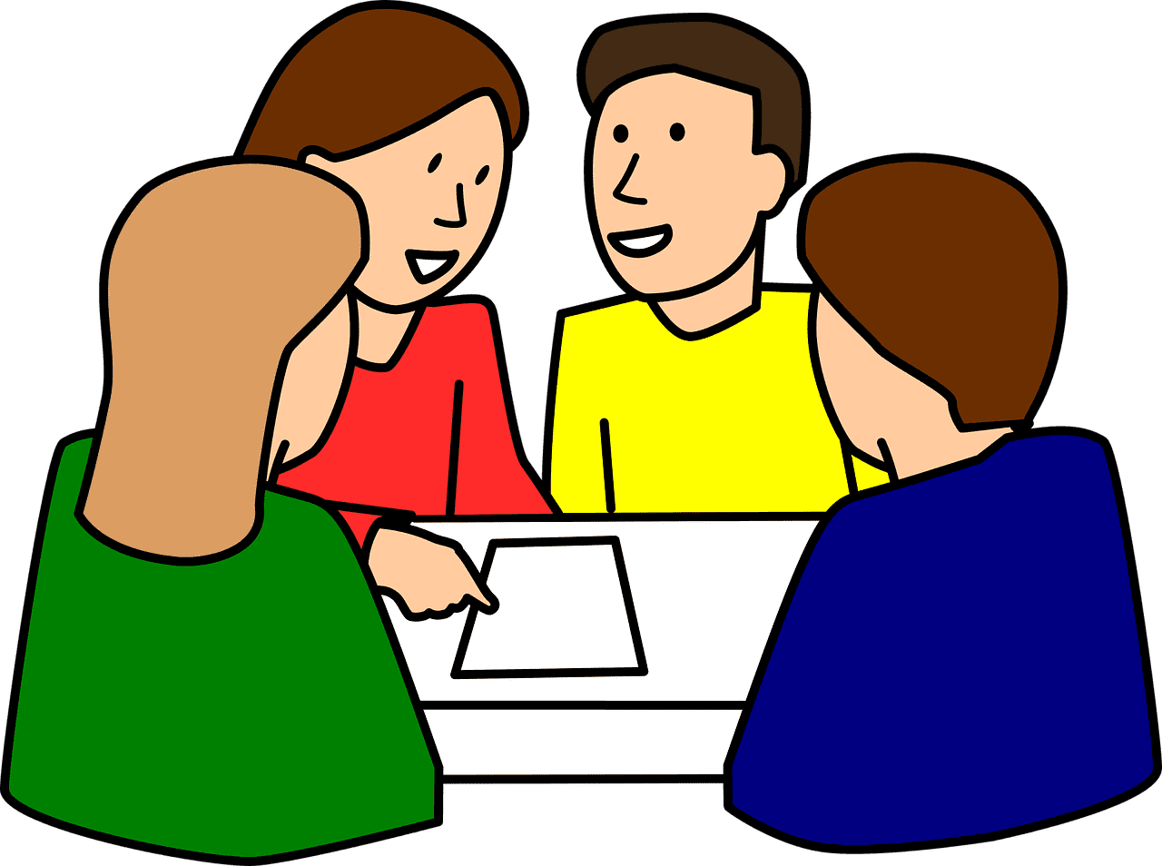 clipart with four people discussing a document