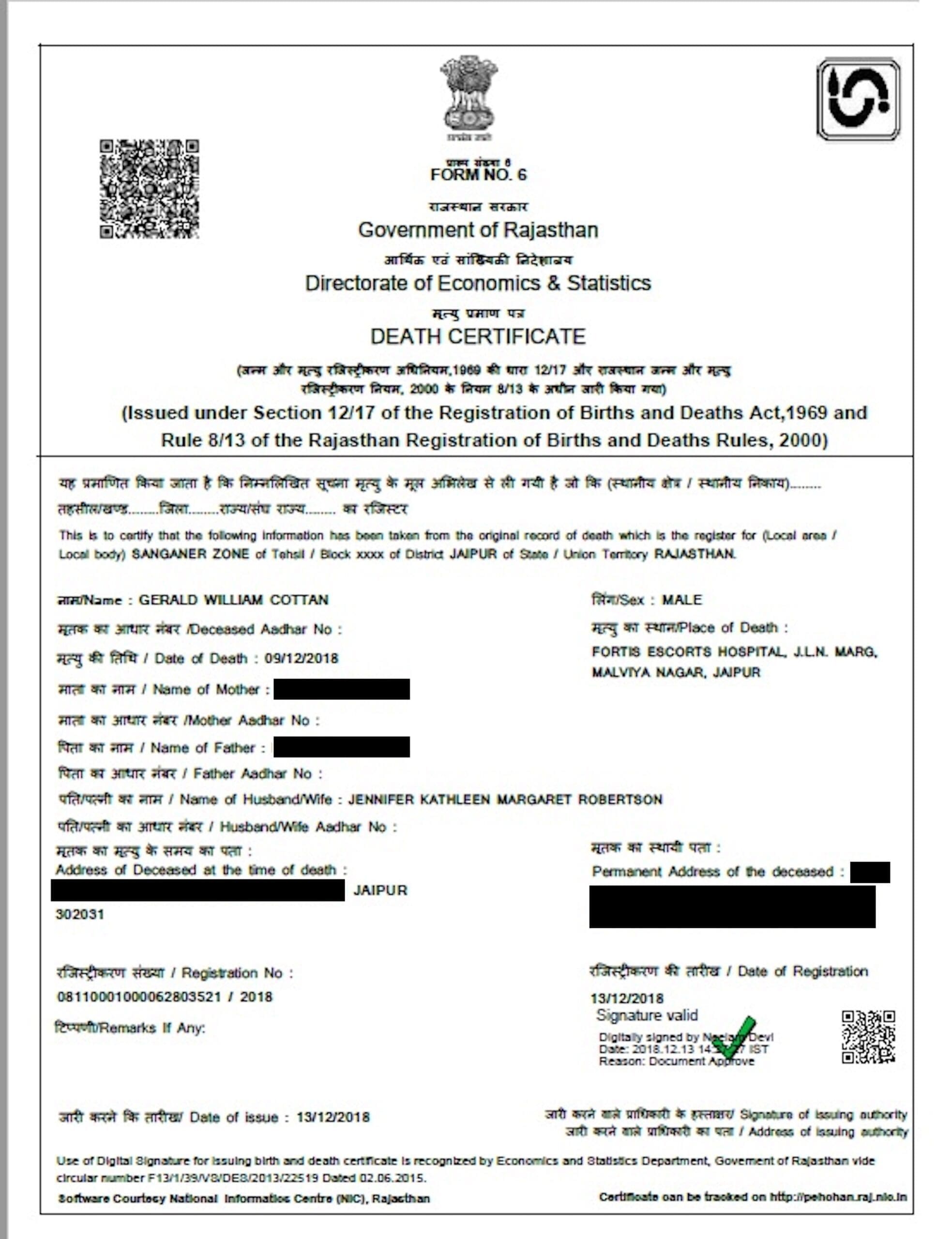 Certificate of death