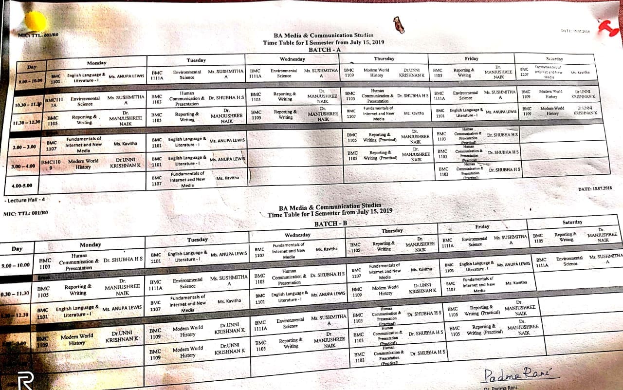 Manipal Institute Of Communication: Two Weeks Of Hostel Life And Academics 4 A random timetable at MIC, MAHE, Manipal