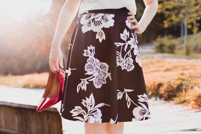 Floral Black Skirt Red Shoes