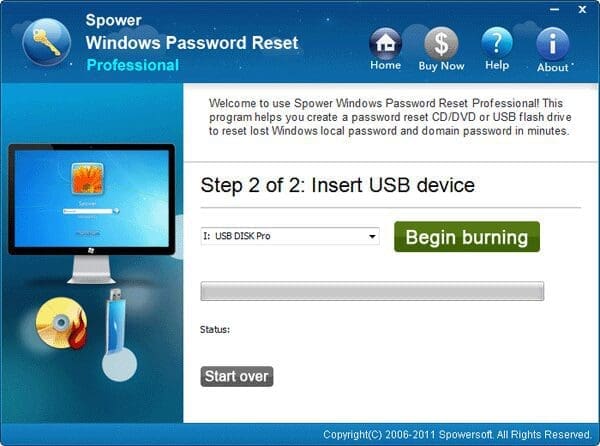 click begin burning to reset admin password in Windows 10