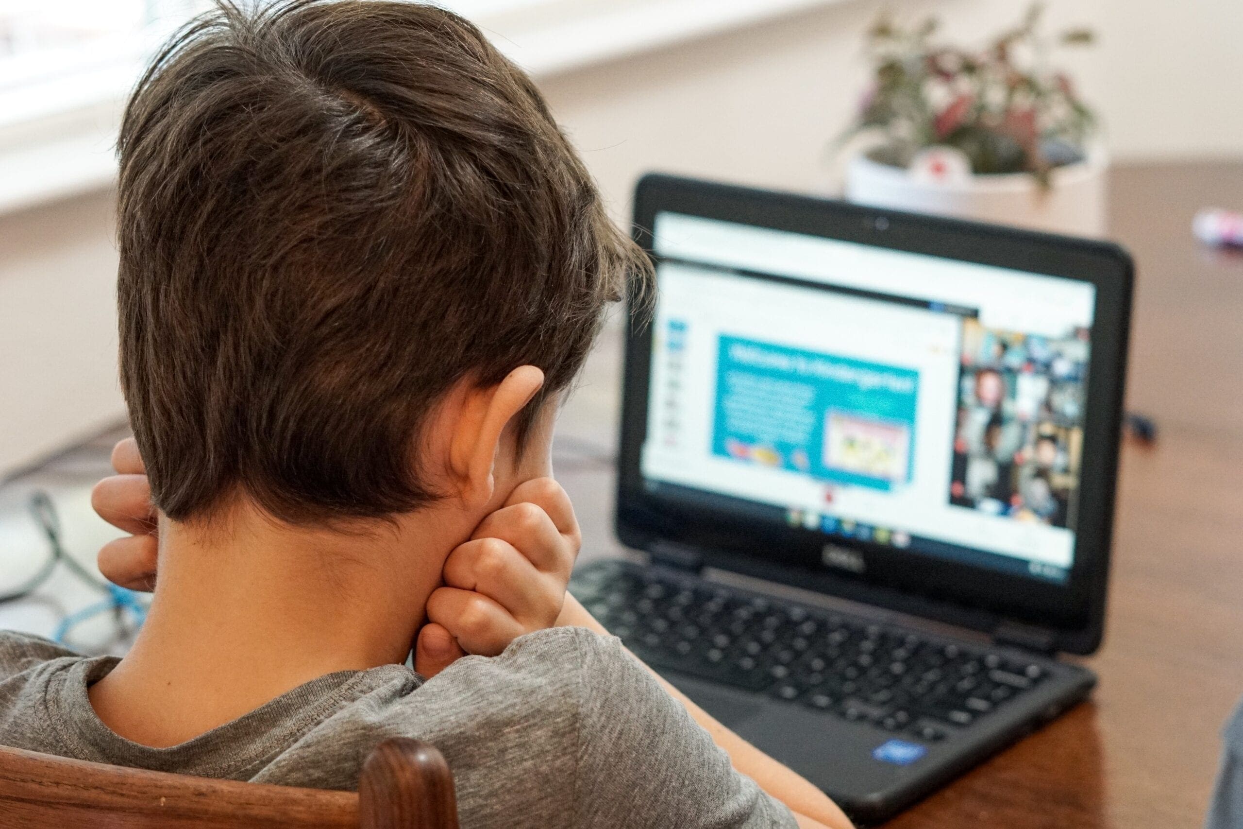 boy in gray shirt using black laptop computer online learning