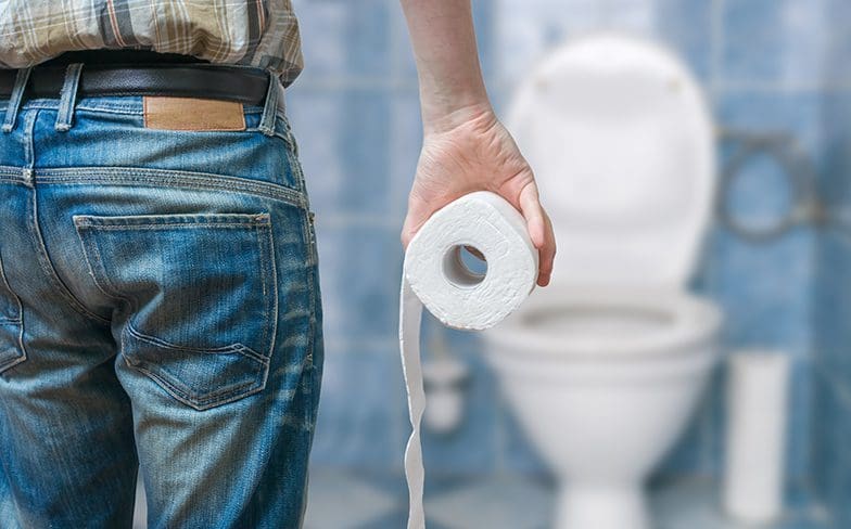 Man suffers from diarrhea holds toilet paper roll piles doctor