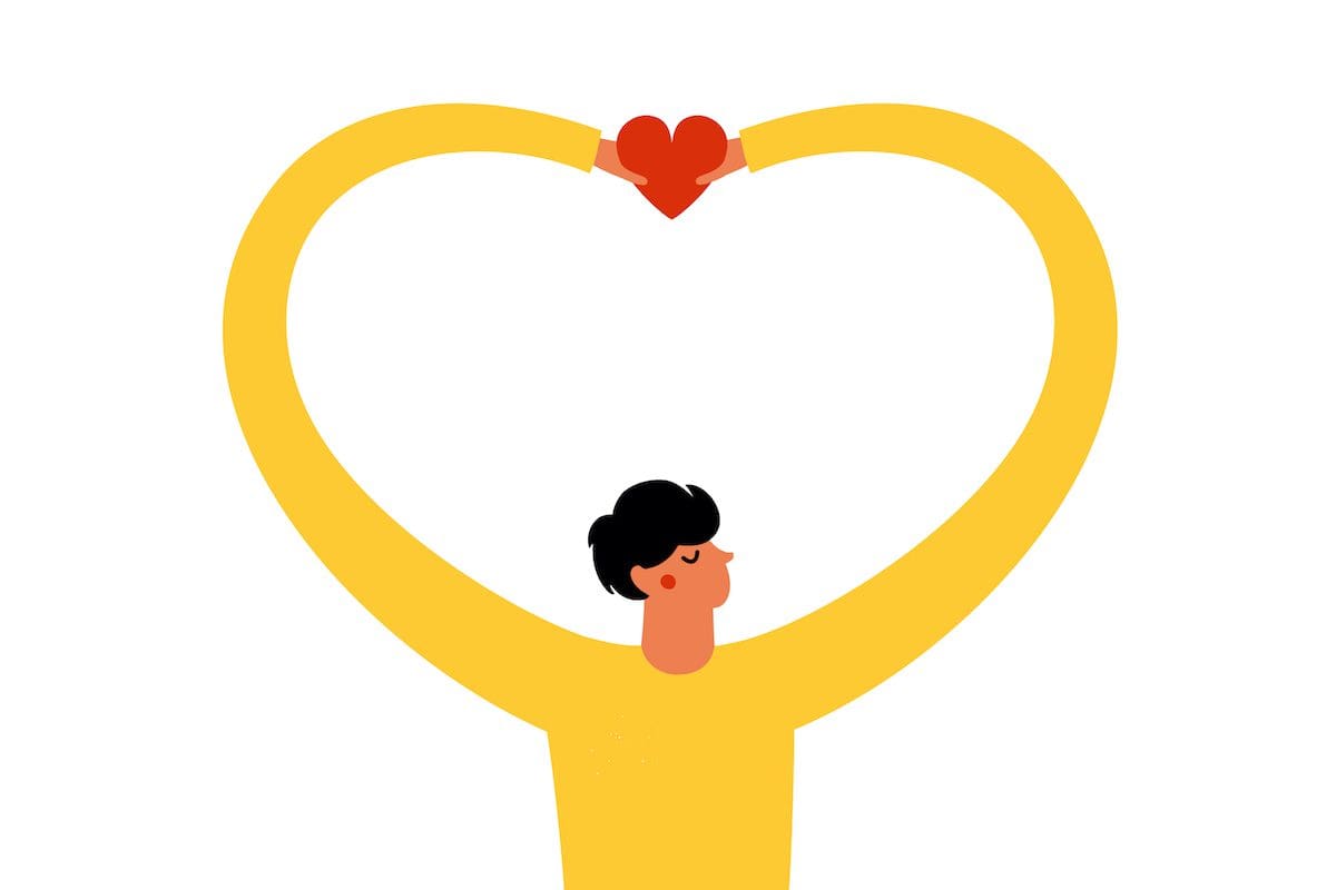 Vector,Illustration,With,Man,In,Yellow,Sweater,Holding,Red,Heart.