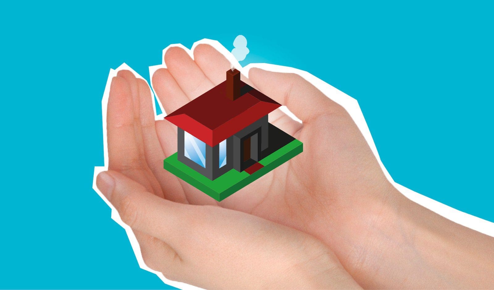 property insurance Cutout paper composition with house in handful showing concept of buying private apartment against blue background