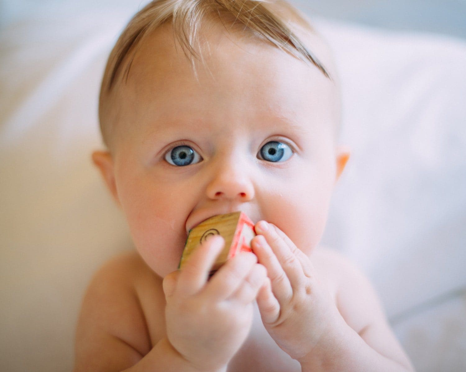 selective focus photography of baby holding wooden cube baby-proofing