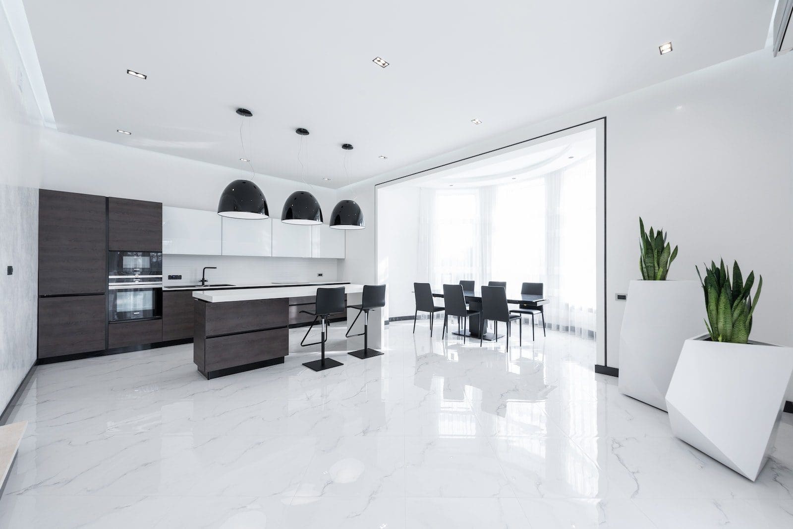 Interior of modern spacious kitchen with minimalist furniture and shiny marble styled floor decorated with creative white pots of fresh green plants