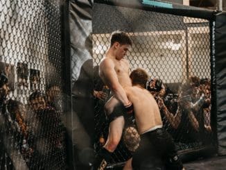 a couple of men standing next to each other in a cage mma betting